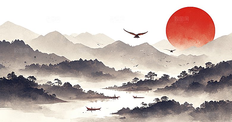 高级简约国风水墨山水画
