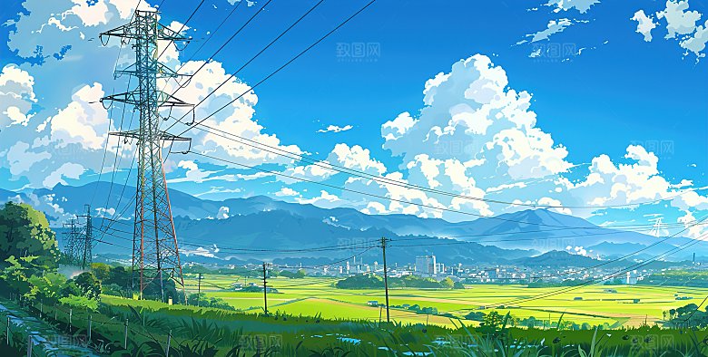 高级简约蓝天草地插画