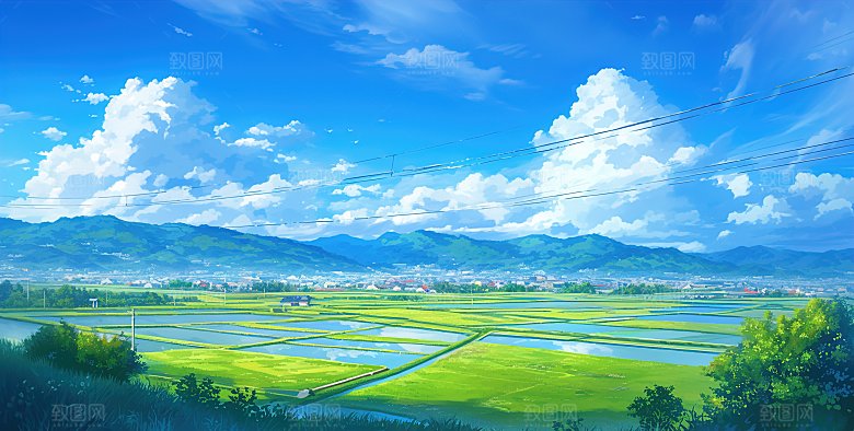 高级简约蓝天草地插画