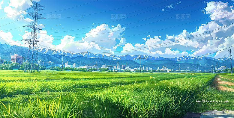 高级简约蓝天草地插画