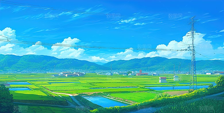 高级简约蓝天草地插画