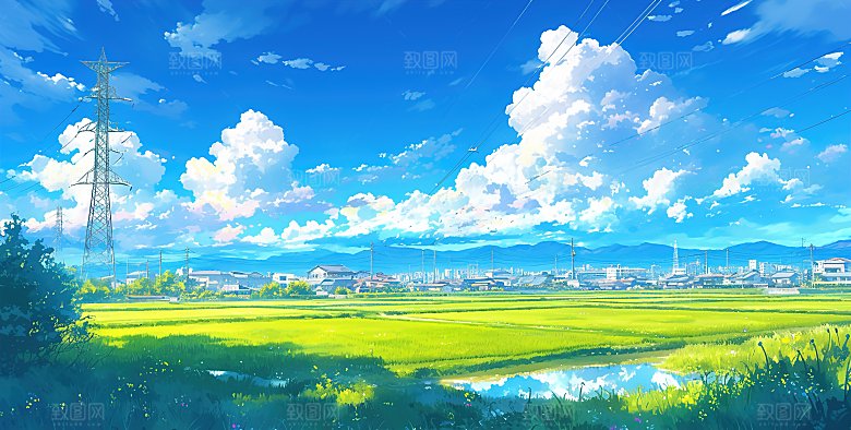 高级简约蓝天草地插画