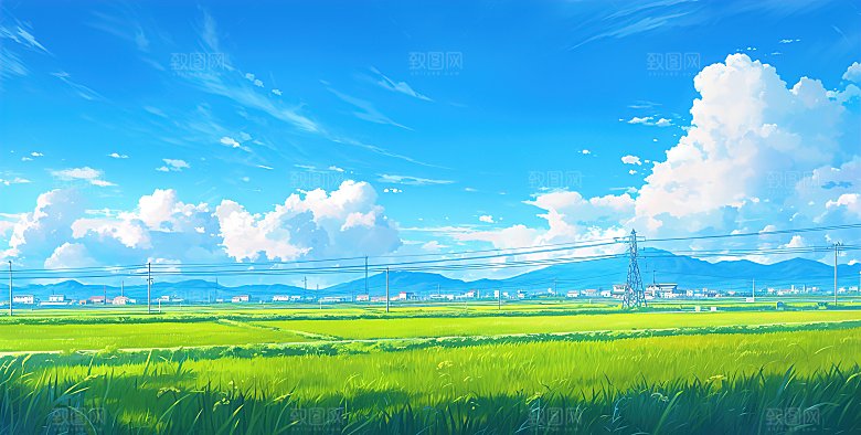 简约高级蓝天草地插画