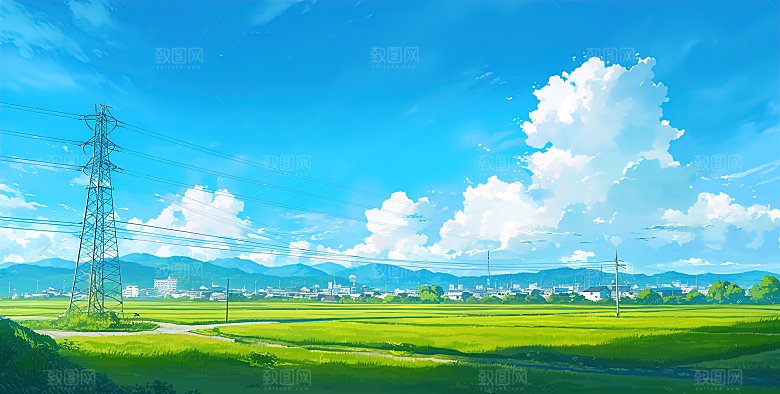 简约高级蓝天草地插画