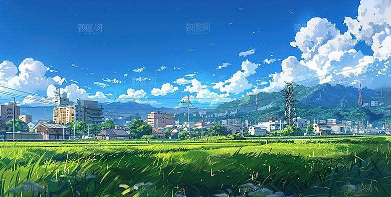 简约高级蓝天草地插画