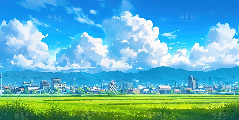 简约高级蓝天草地插画