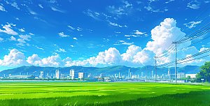 简约高级蓝天草地插画