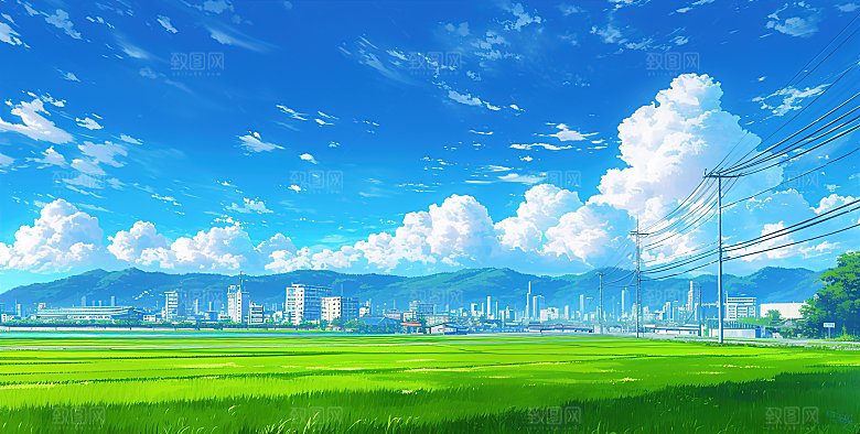 简约高级蓝天草地插画
