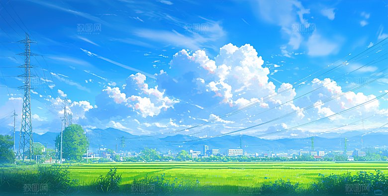 简约高级蓝天草地插画
