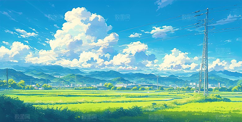 简约高级蓝天草地插画