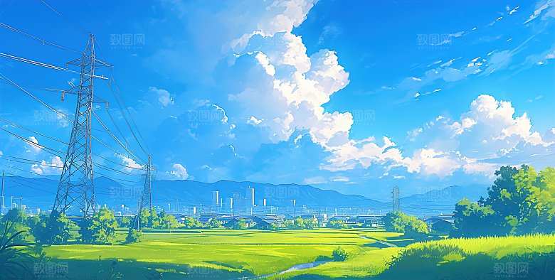简约高级蓝天草地插画