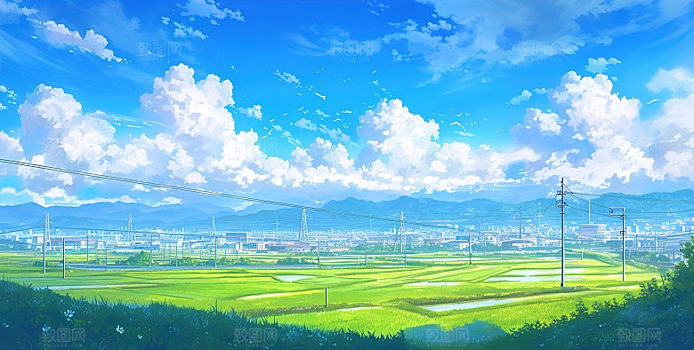 简约高级蓝天草地插画