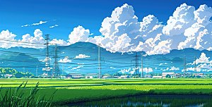 简约高级蓝天草地插画