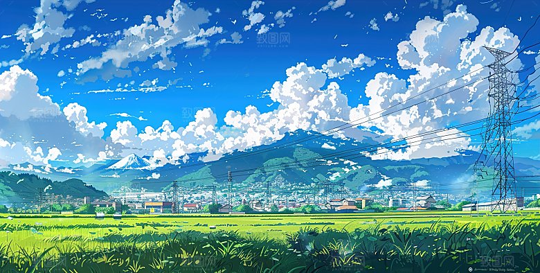 简约高级蓝天草地插画