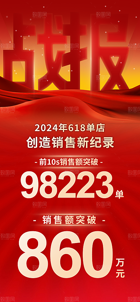 618红色年中大促销售战报海报