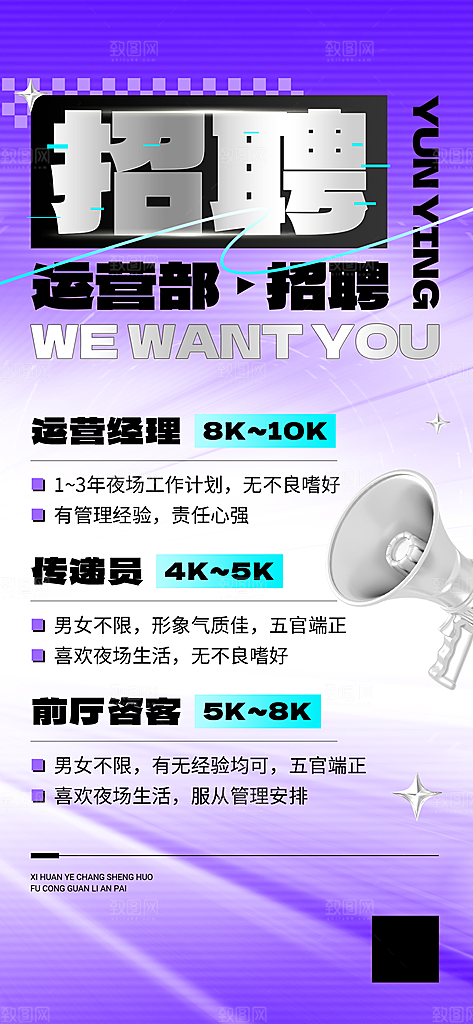 夜场娱乐增员招募全屏竖版海报