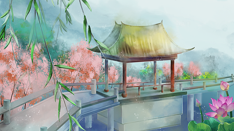 古风山水建筑凉亭荷花风景点插画海报背景