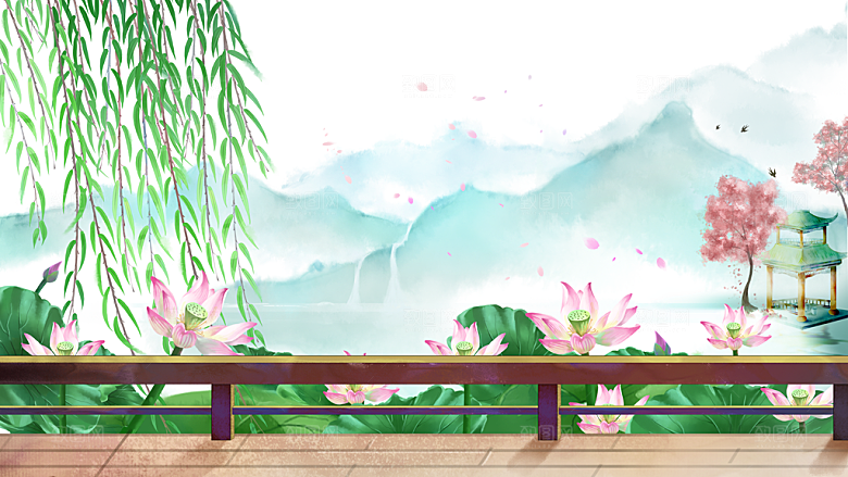 古风山水建筑凉亭荷花风景点插画海报背景