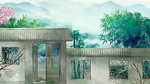 古风山水建筑凉亭荷花风景点插画海报背景