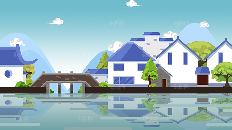 古风山水建筑凉亭荷花风景点插画海报背景