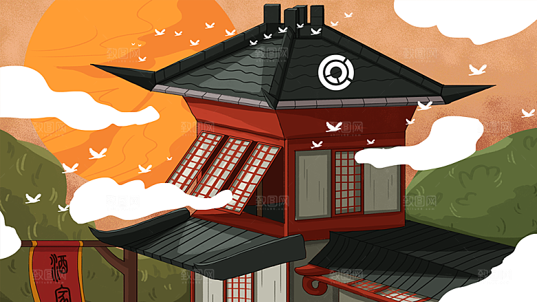古风山水建筑凉亭荷花风景点插画海报背景