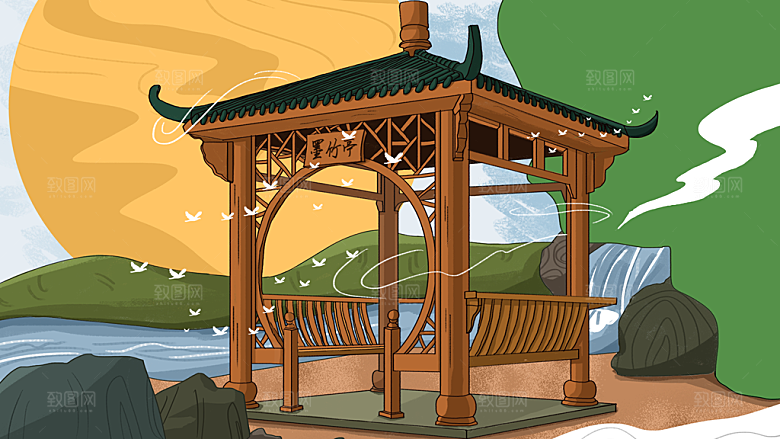 古风山水建筑凉亭荷花风景点插画海报背景