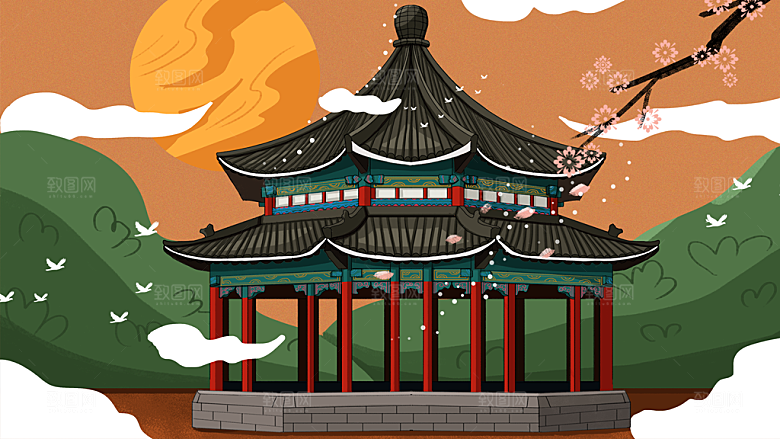 古风山水建筑凉亭荷花风景点插画海报背景