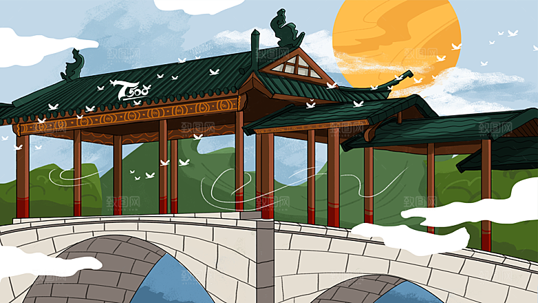 古风山水建筑凉亭荷花风景点插画海报背景