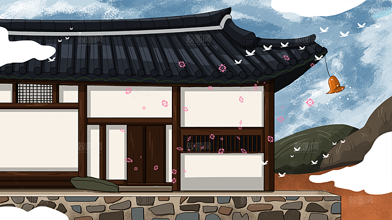 古风山水建筑凉亭荷花风景点插画海报背景