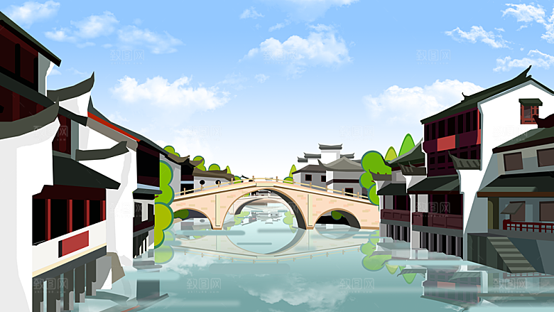古风山水建筑凉亭荷花风景点插画海报背景