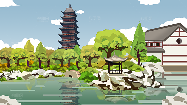 古风山水建筑凉亭荷花风景点插画海报背景