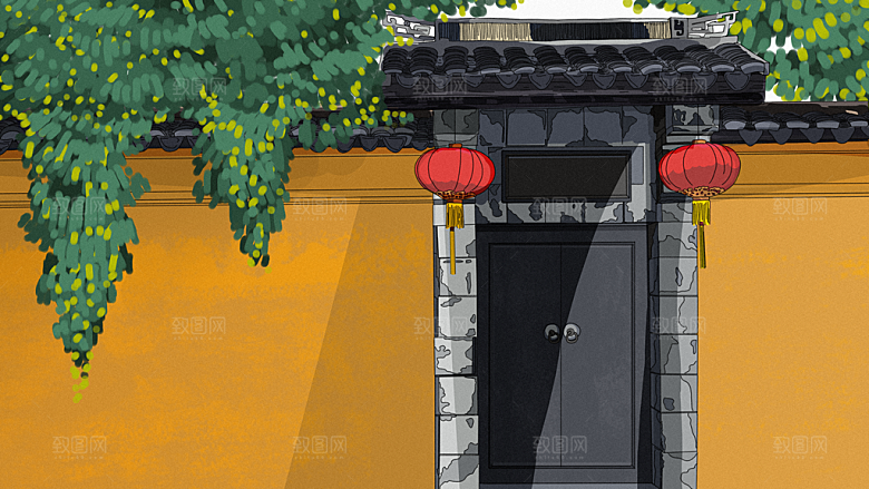 古风山水建筑凉亭荷花风景点插画海报背景