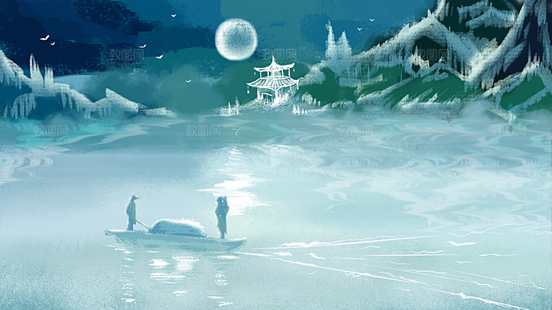 古风山水建筑凉亭荷花风景点插画海报背景