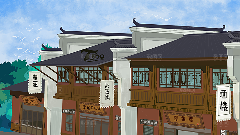古风山水建筑凉亭荷花风景点插画海报背景