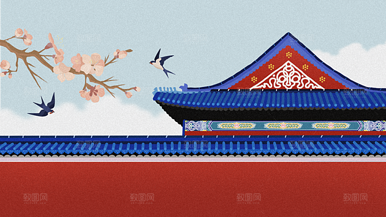 古风山水建筑凉亭荷花风景点插画海报背景