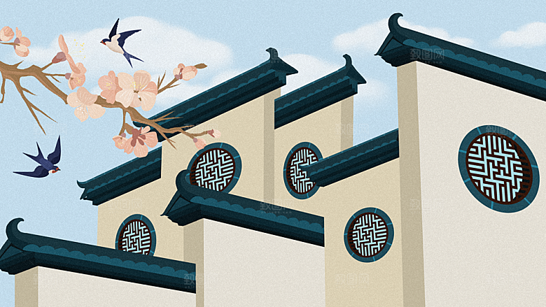 古风山水建筑凉亭荷花风景点插画海报背景