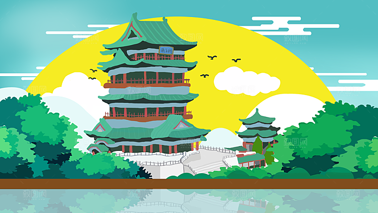古风山水建筑凉亭荷花风景点插画海报背景