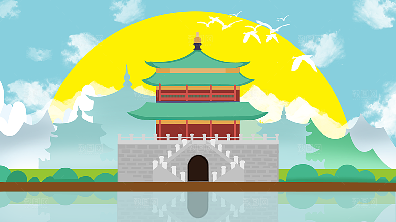 古风山水建筑凉亭荷花风景点插画海报背景