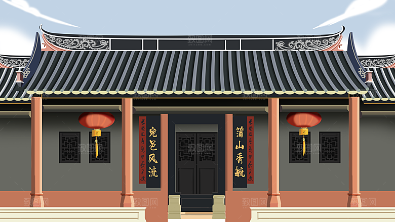 古风山水建筑凉亭荷花风景点插画海报背景