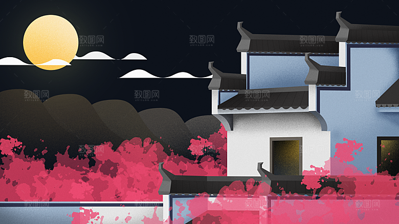 古风山水建筑凉亭荷花风景点插画海报背景