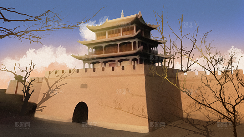 古风山水建筑凉亭荷花风景点插画海报背景