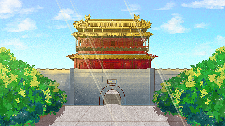 古风山水建筑凉亭荷花风景点插画海报背景