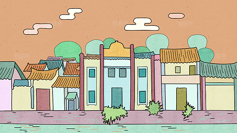 古风山水建筑凉亭荷花风景点插画海报背景