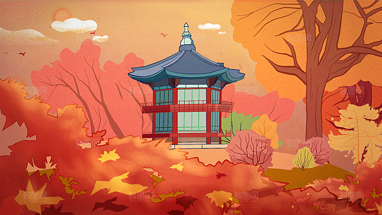 古风山水建筑凉亭荷花风景点插画海报背景