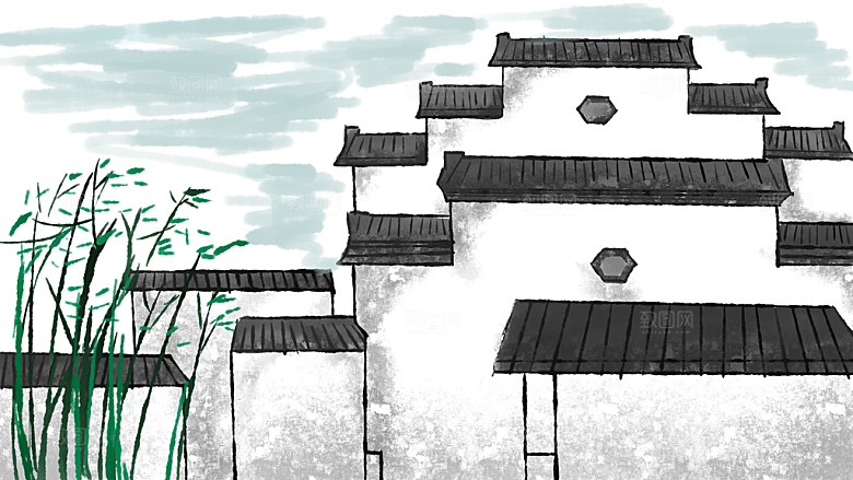 古风山水建筑凉亭荷花风景点插画海报背景
