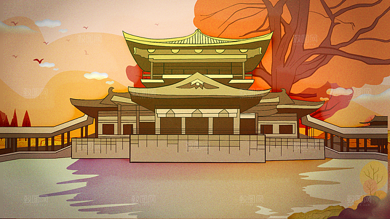 古风山水建筑凉亭荷花风景点插画海报背景