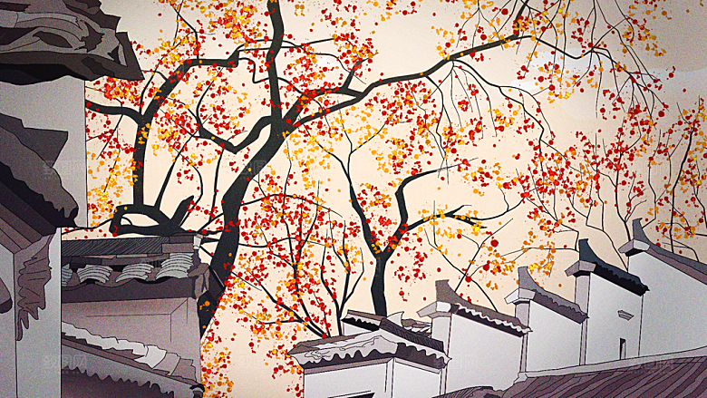 古风山水建筑凉亭荷花风景点插画海报背景