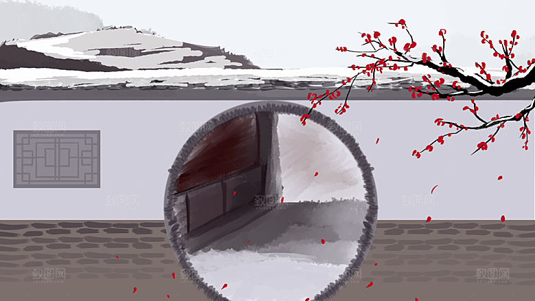 古风山水建筑凉亭荷花风景点插画海报背景