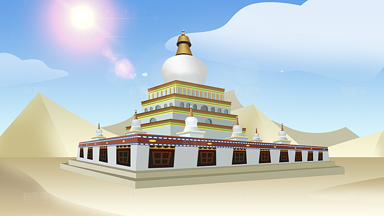 古风山水建筑凉亭荷花风景点插画海报背景