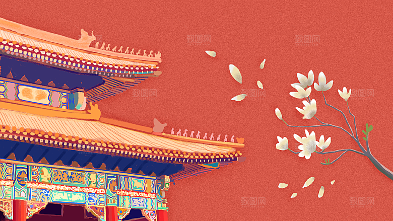 古风山水建筑凉亭荷花风景点插画海报背景